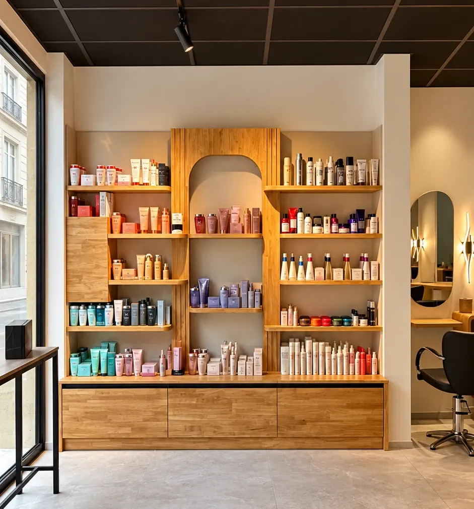 Arch-shaped wooden shelves at the Cagnes-sur-Mer salon
