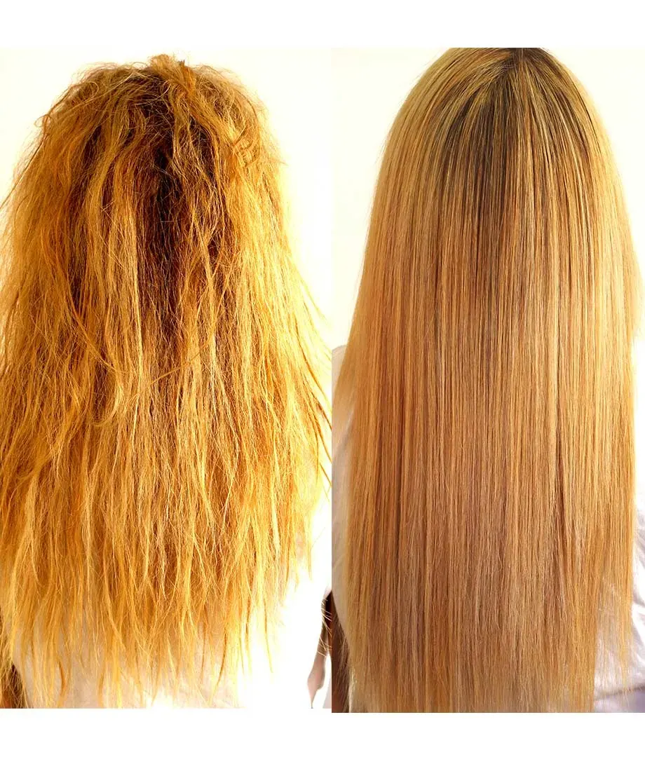 Before and after a Brazilian smoothing treatment: frizzy blonde hair made smooth