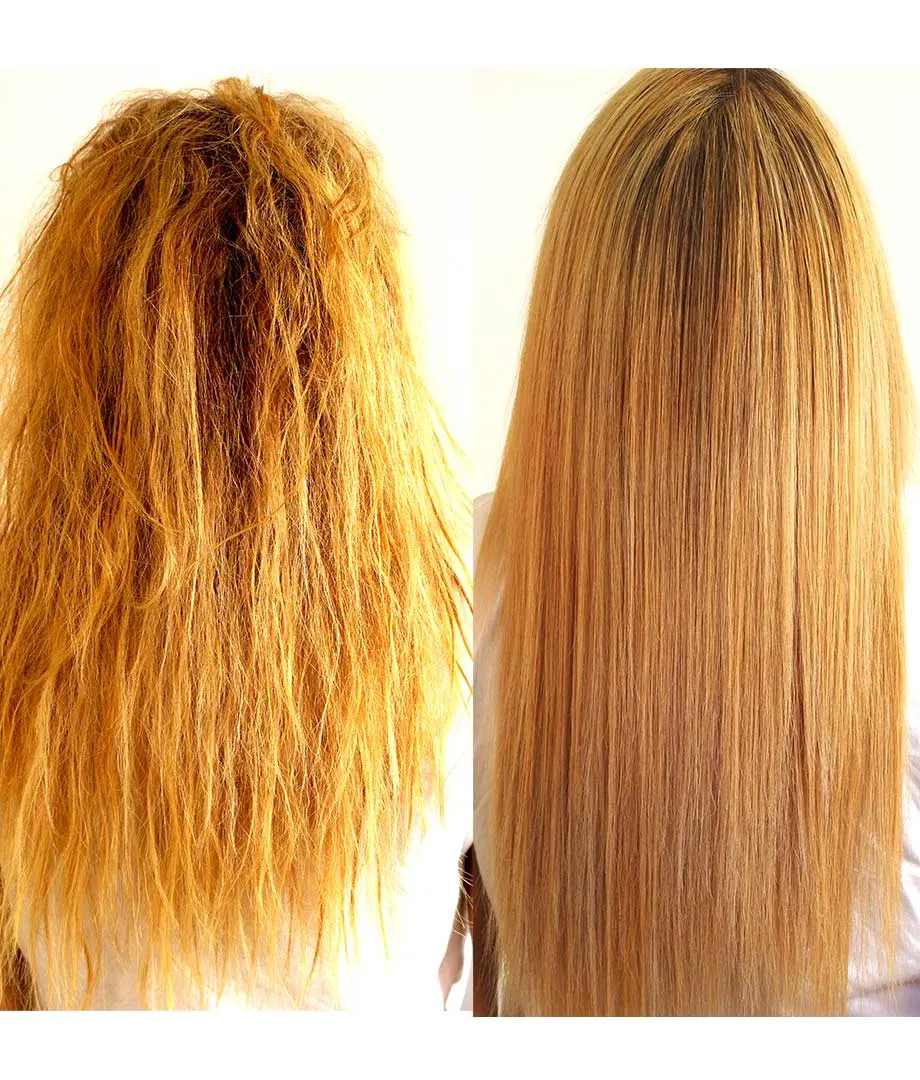 Before and after a Brazilian smoothing treatment: frizzy blonde hair made smooth