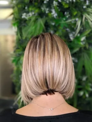 Shiny blonde bob after a treatment