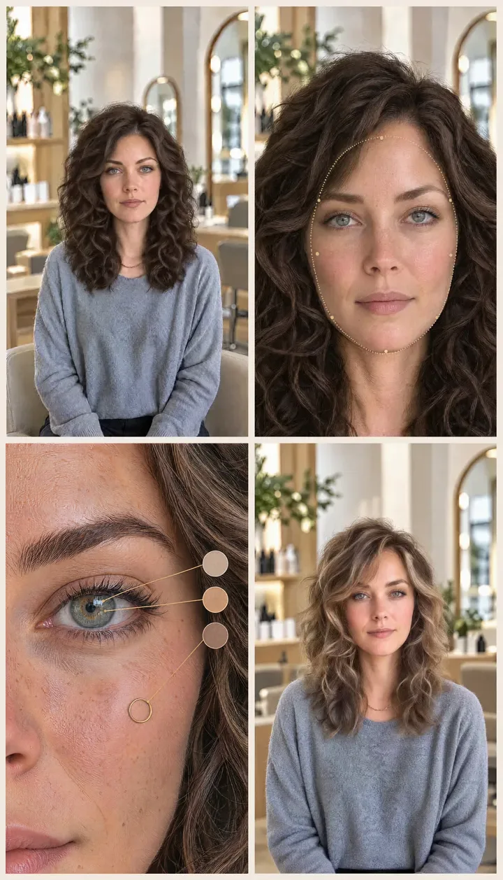 Illustration: the face shape is traced, then the colours are chosen according to the eyes and skin tone, then the finished balayage