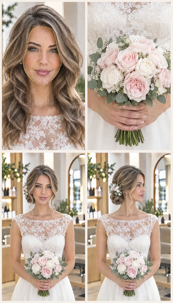 Illustration: a bride with her hair down, a golden line traces the shape of her face, then the lace of her dress and her bouquet of pale pink roses, and finally her soft, low updo decorated with small roses matching the bouquet, from the front then in profile